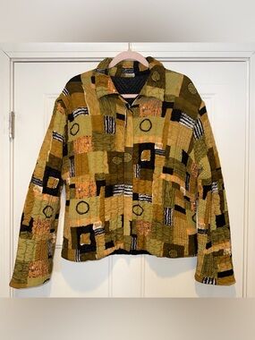 Geometric Patchwork Quilted Utility Jacket — Olive & Mustard